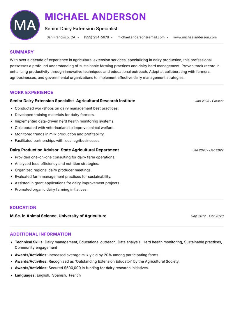 Agricultural Extension Dairy Officer resume example — Dairy Science