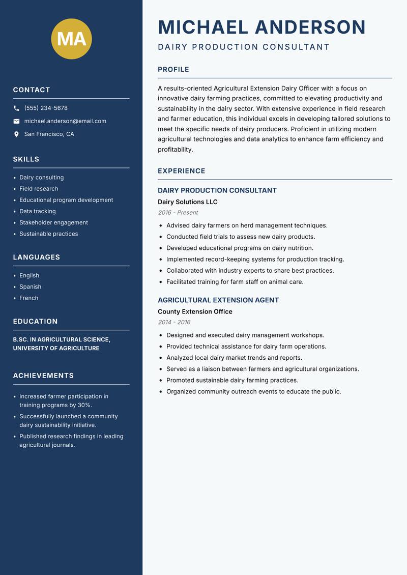 Agricultural Extension Dairy Officer resume template — Classic Clean