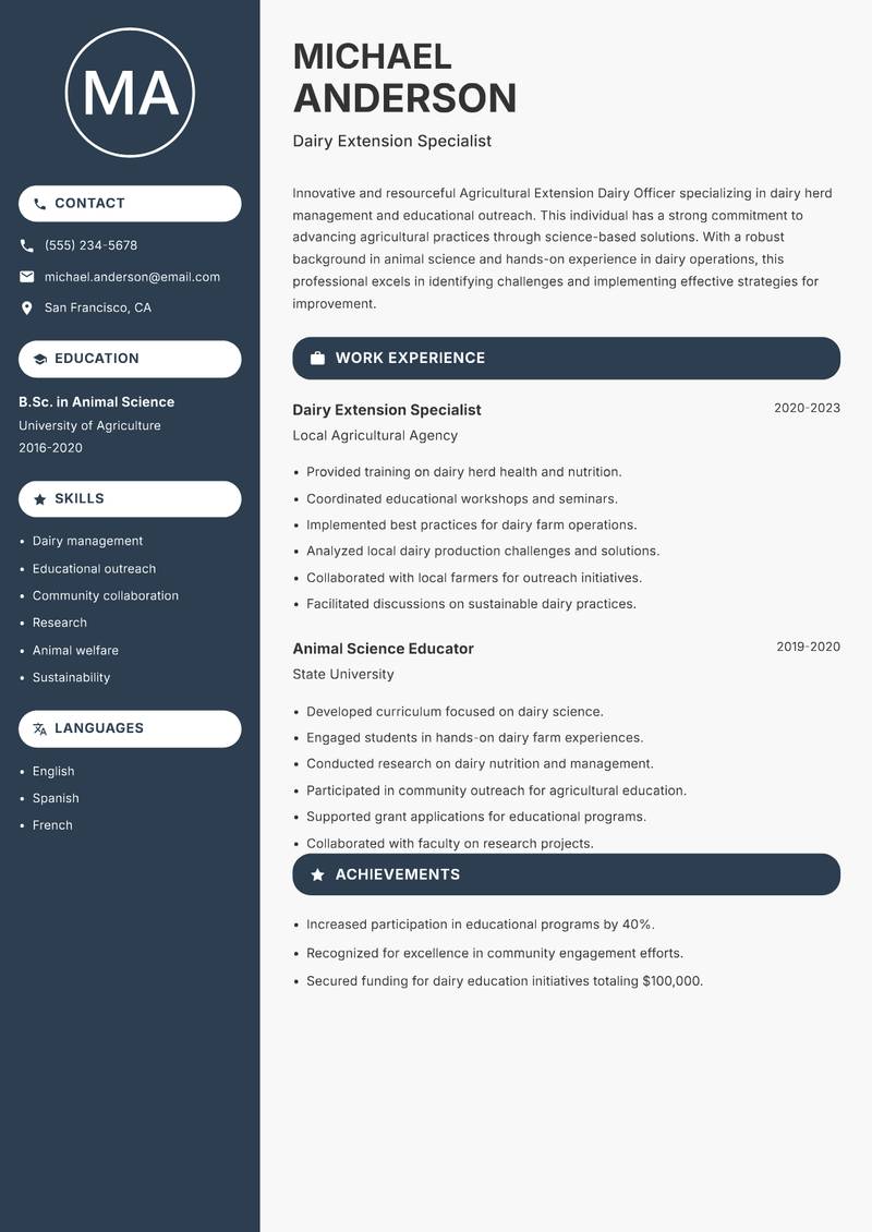 Agricultural Extension Dairy Officer resume template — Compact