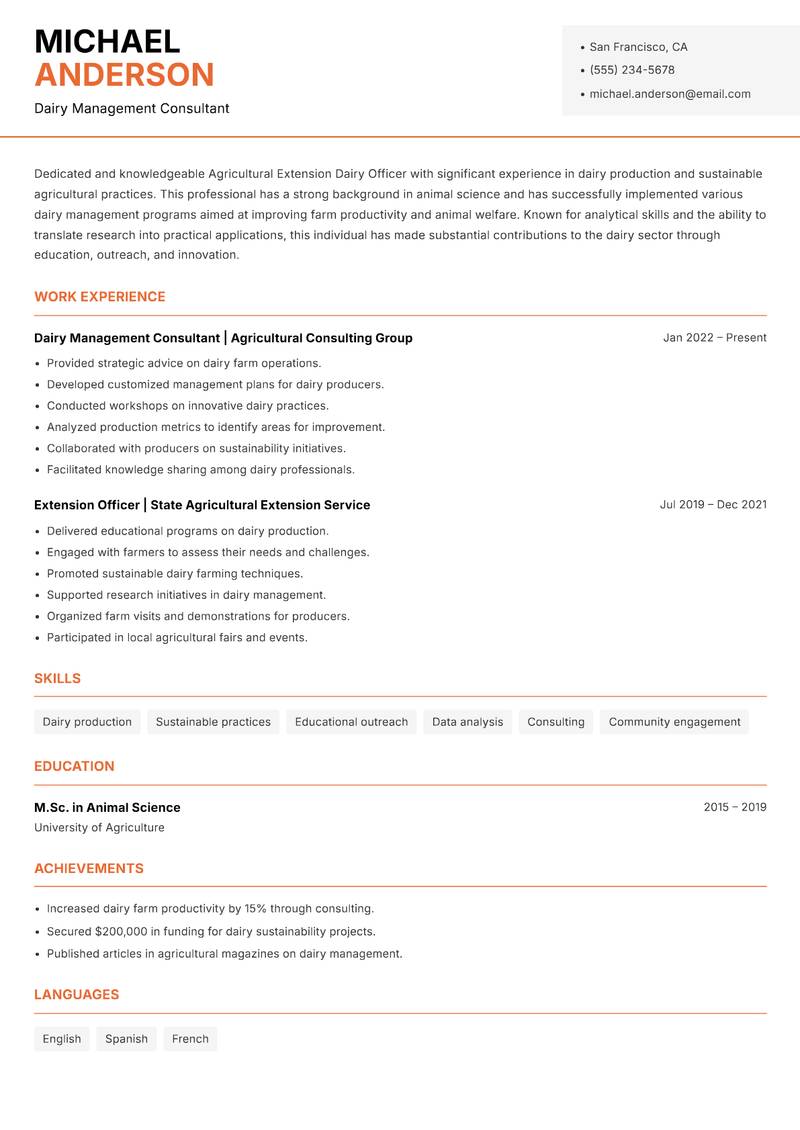 Agricultural Extension Dairy Officer resume template — Modern Professional