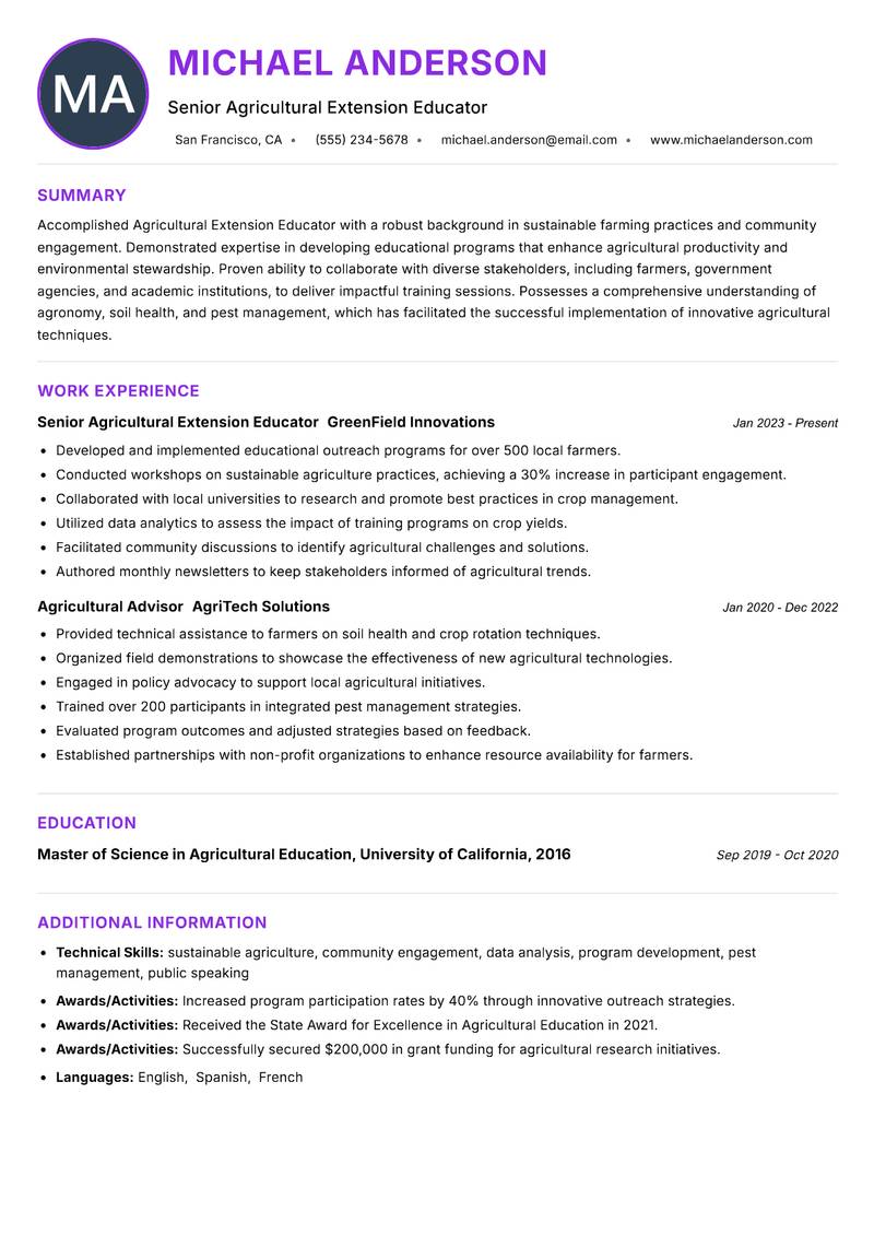 Agricultural Extension Educator resume example — ATS-friendly template