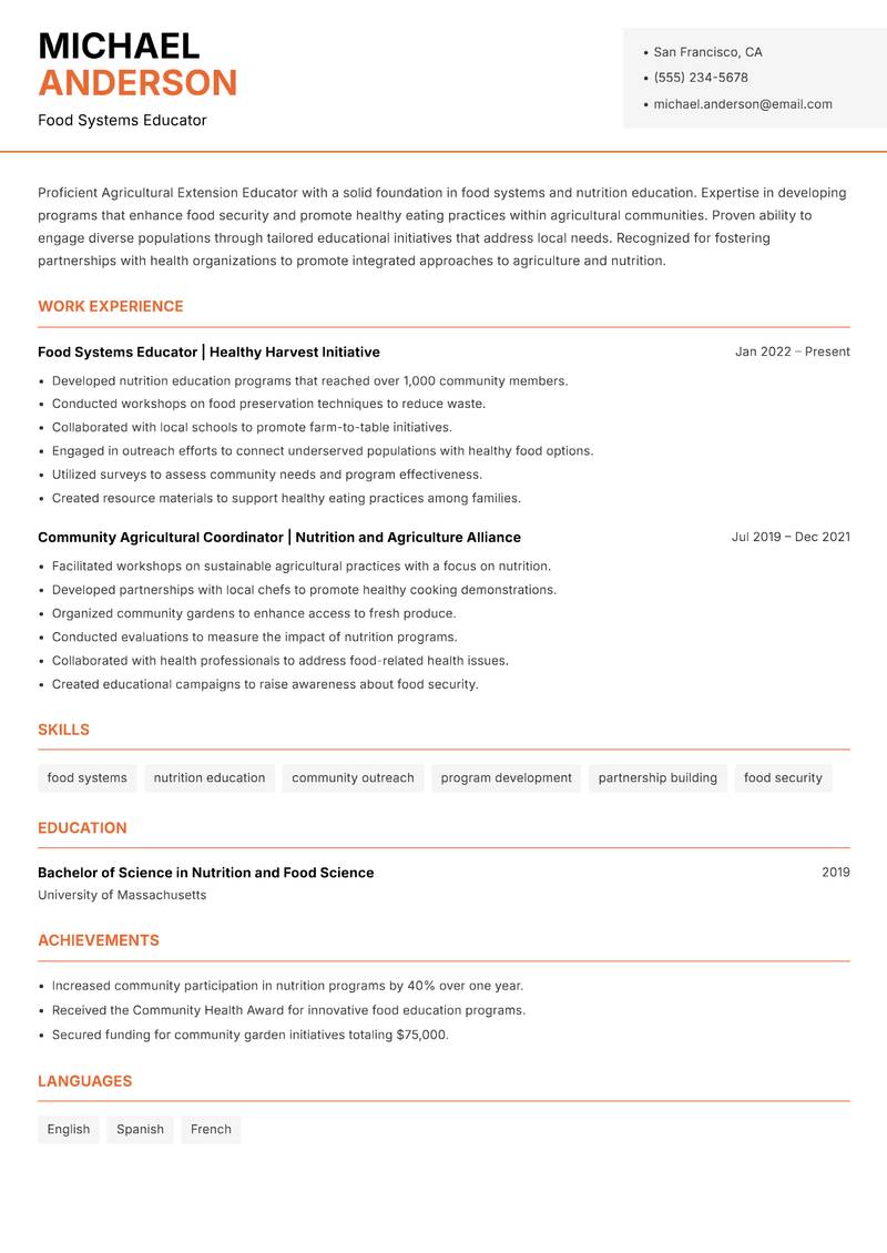 Agricultural Extension Educator resume template — Modern Professional