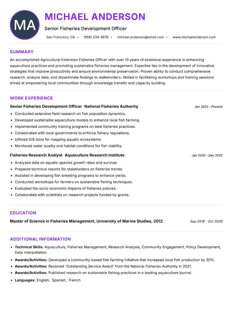 Agricultural Extension Fisheries Officer resume example — Fisheries