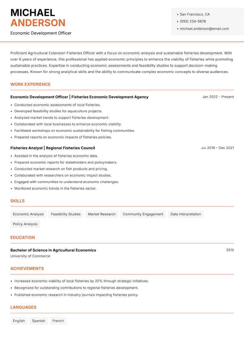 Agricultural Extension Fisheries Officer resume template — Modern Professional