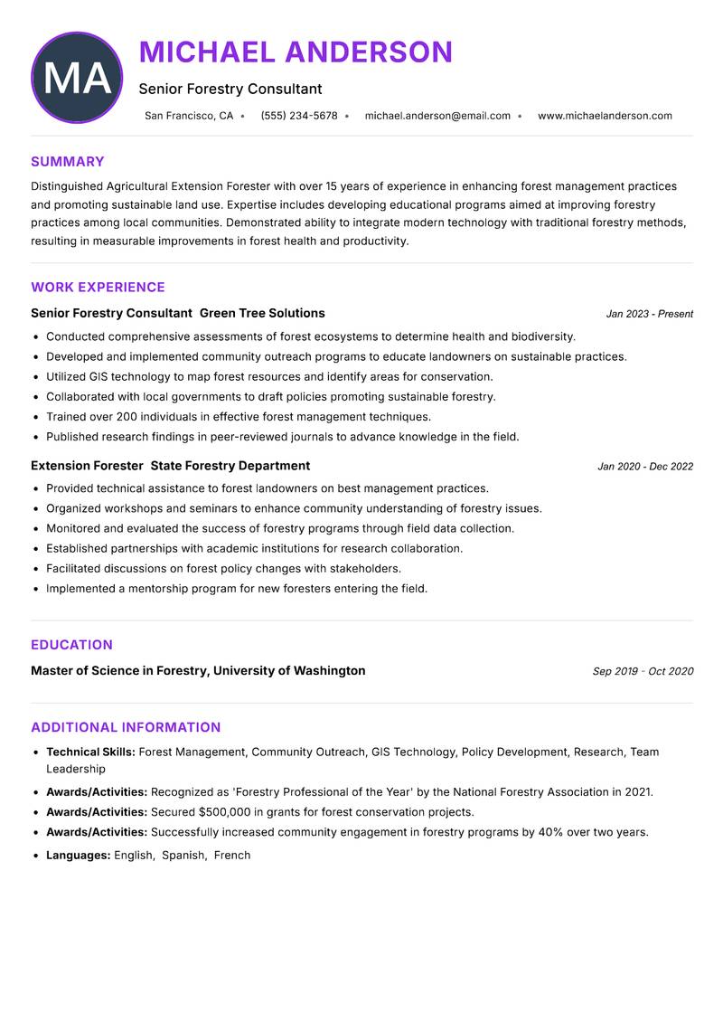 Agricultural Extension Forester resume example — ATS-friendly template