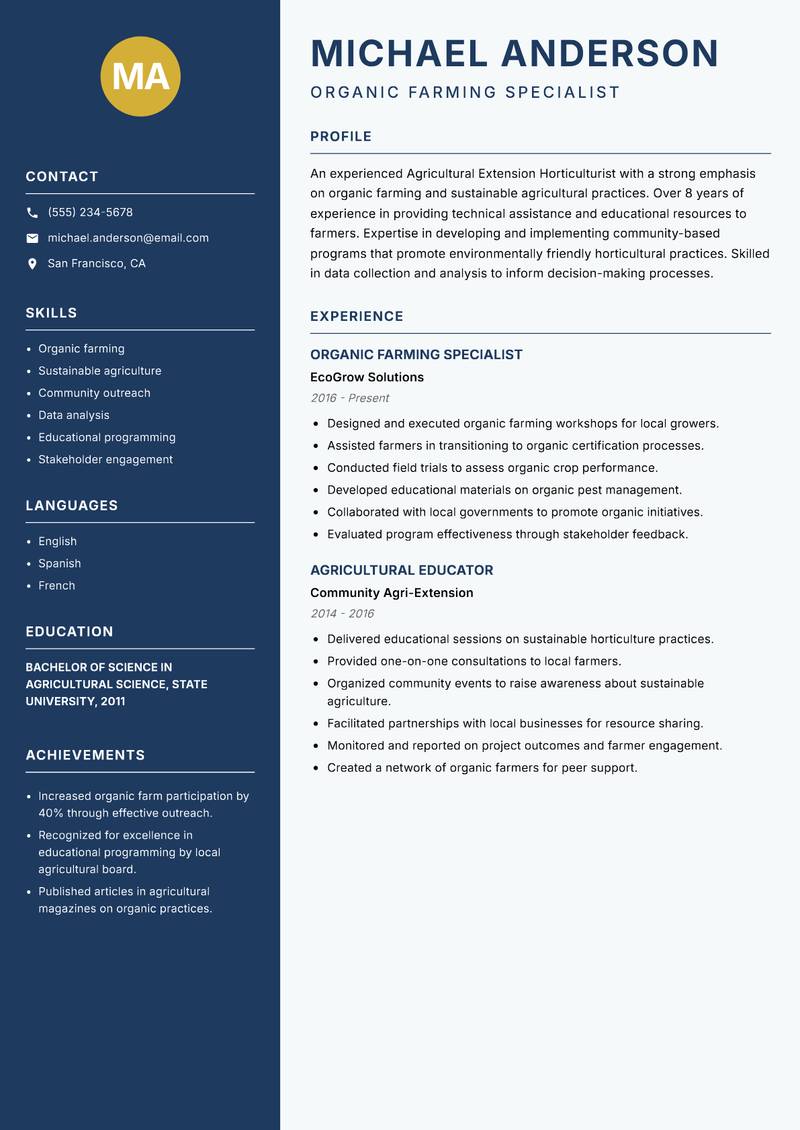 Agricultural Extension Horticulturist resume template — Classic Clean