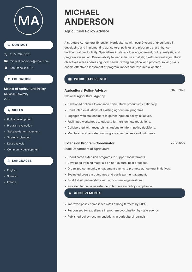 Agricultural Extension Horticulturist resume template — Compact
