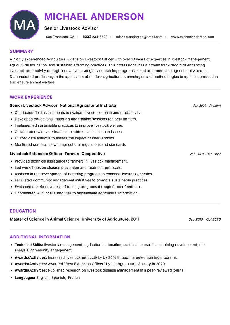 Agricultural Extension Livestock Officer resume example — Animal Husbandry