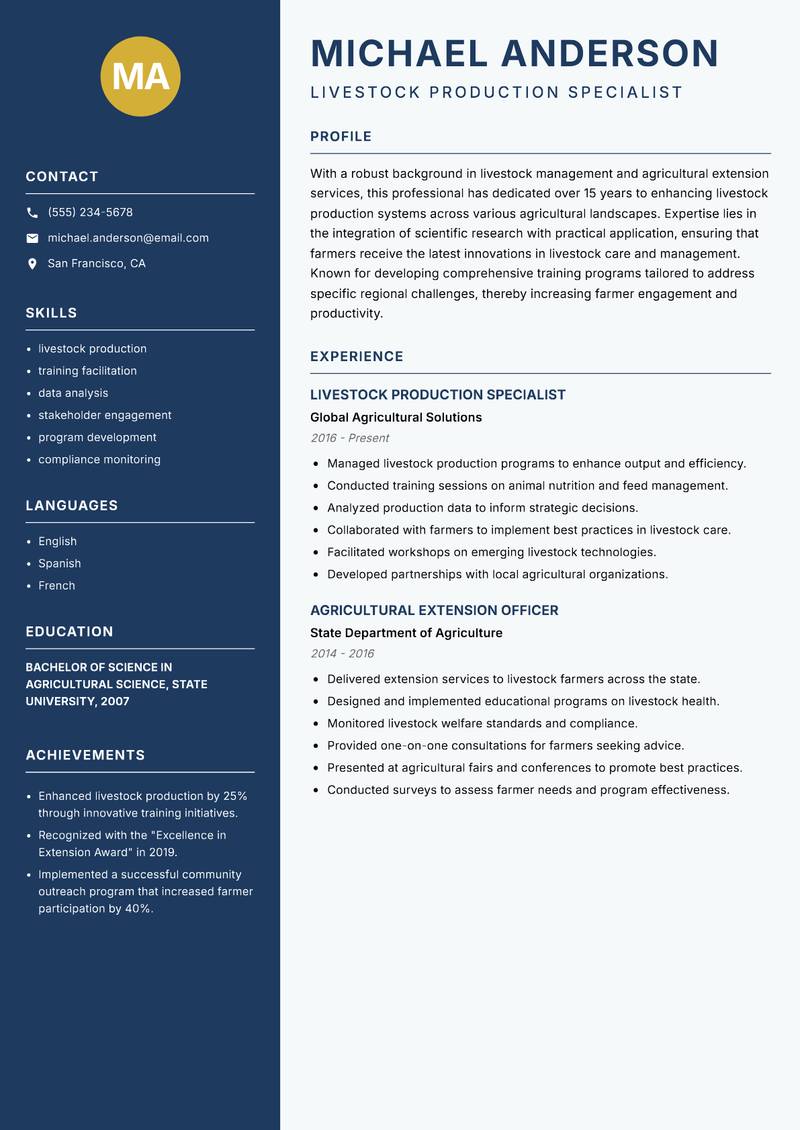 Agricultural Extension Livestock Officer resume template — Classic Clean