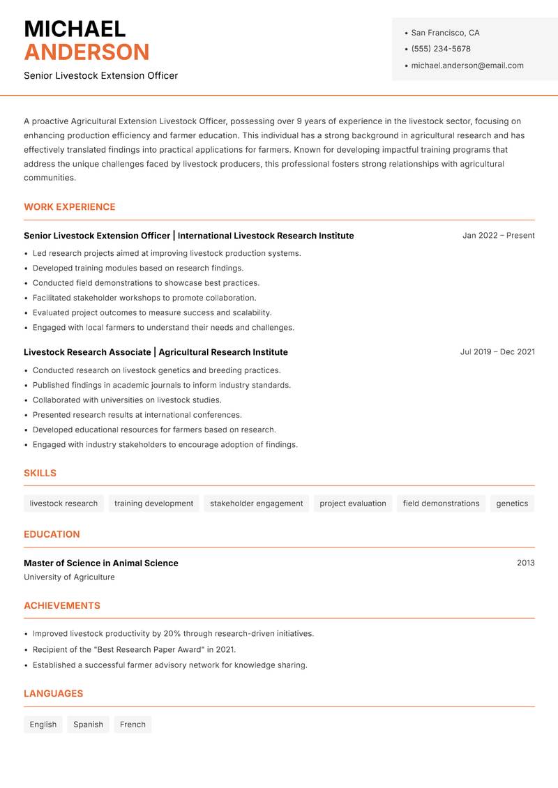 Agricultural Extension Livestock Officer resume template — Modern Professional