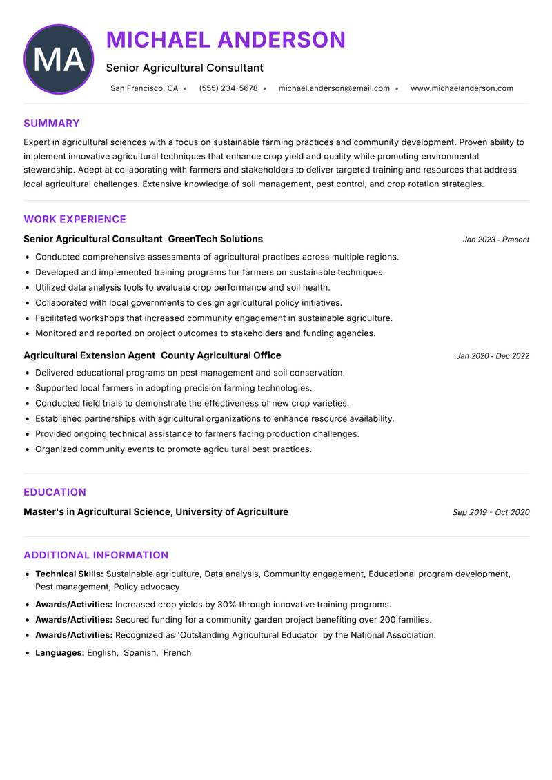 Agricultural Extension Officer resume example — ATS-friendly template