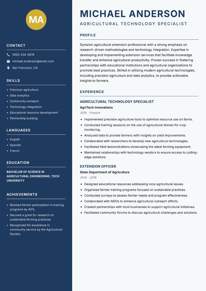 Agricultural Extension Officer resume template — Classic Clean
