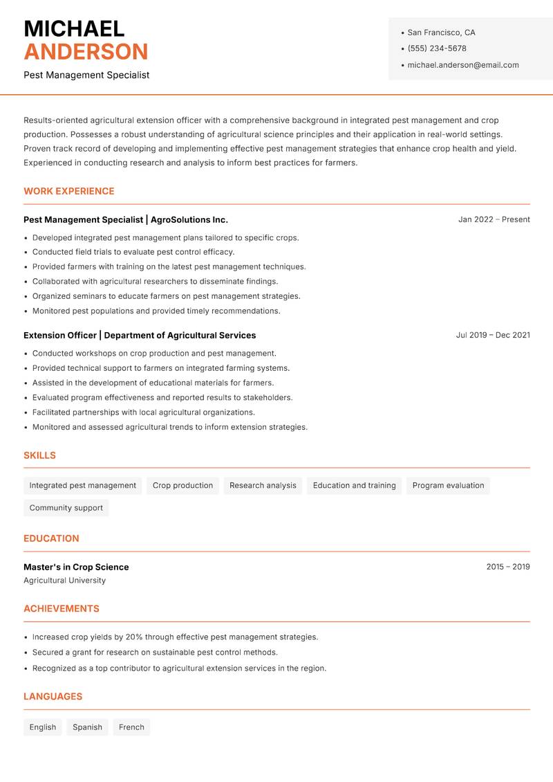 Agricultural Extension Officer resume template — Modern Professional