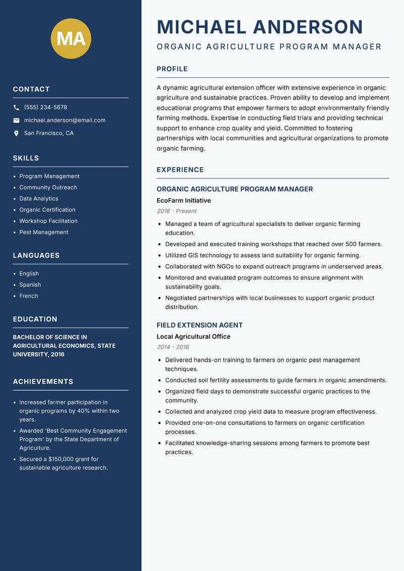 Agricultural Extension Organic Officer resume template — Classic Clean