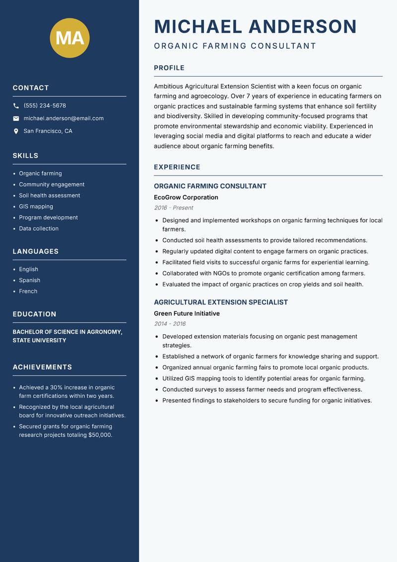 Agricultural Extension Scientist resume template — Classic Clean