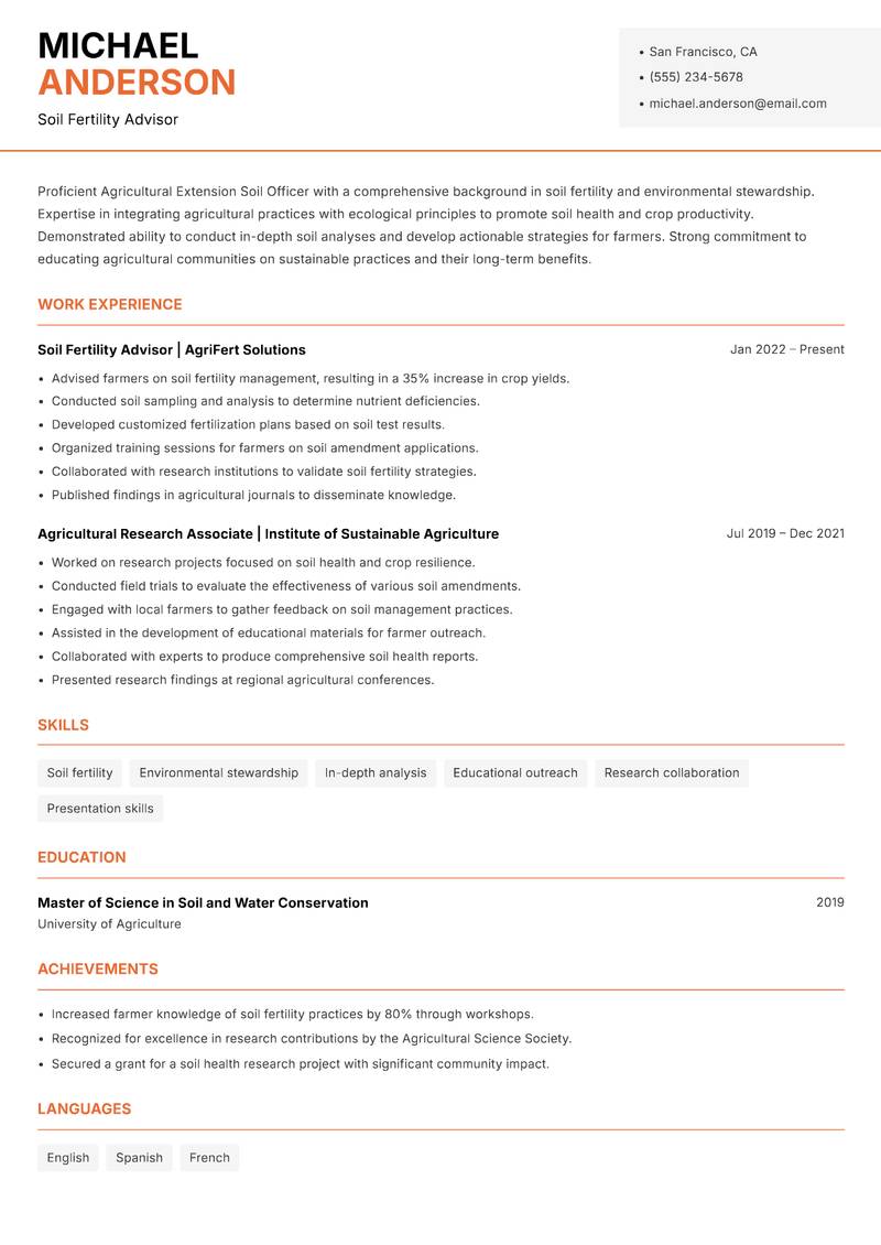 Agricultural Extension Soil Officer resume template — Modern Professional