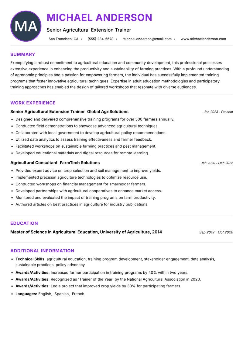 Agricultural Extension Trainer resume example — ATS-friendly template