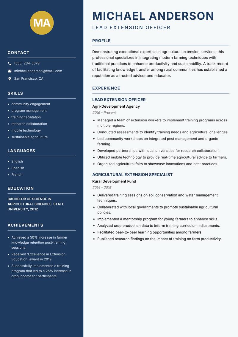 Agricultural Extension Trainer resume template — Classic Clean