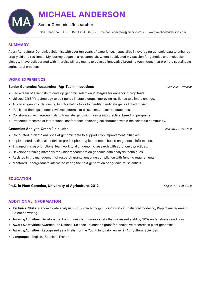 Agricultural Genomics Scientist resume example — ATS-friendly template