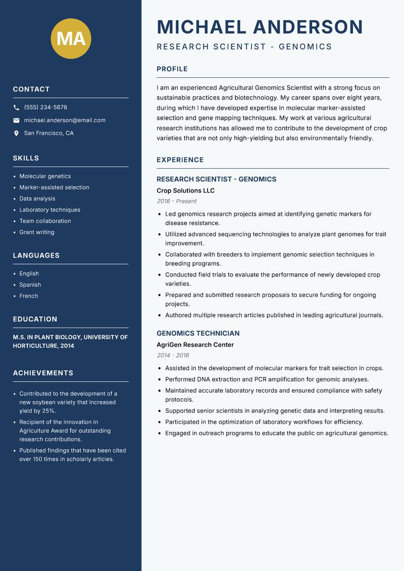 Agricultural Genomics Scientist resume template — Classic Clean