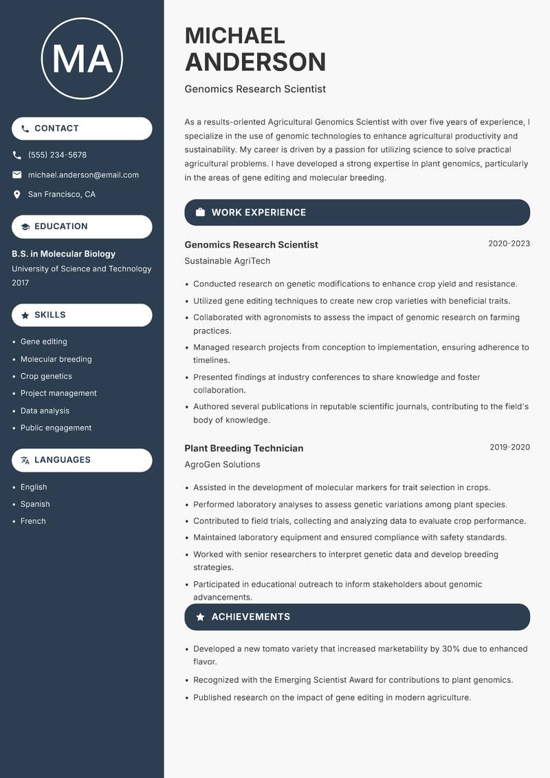 Agricultural Genomics Scientist resume template — Compact