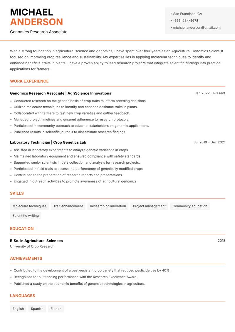 Agricultural Genomics Scientist resume template — Modern Professional