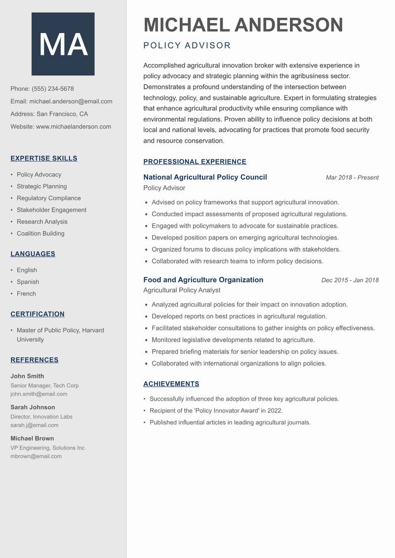 Agricultural Innovation Broker resume template — Creative Minimal