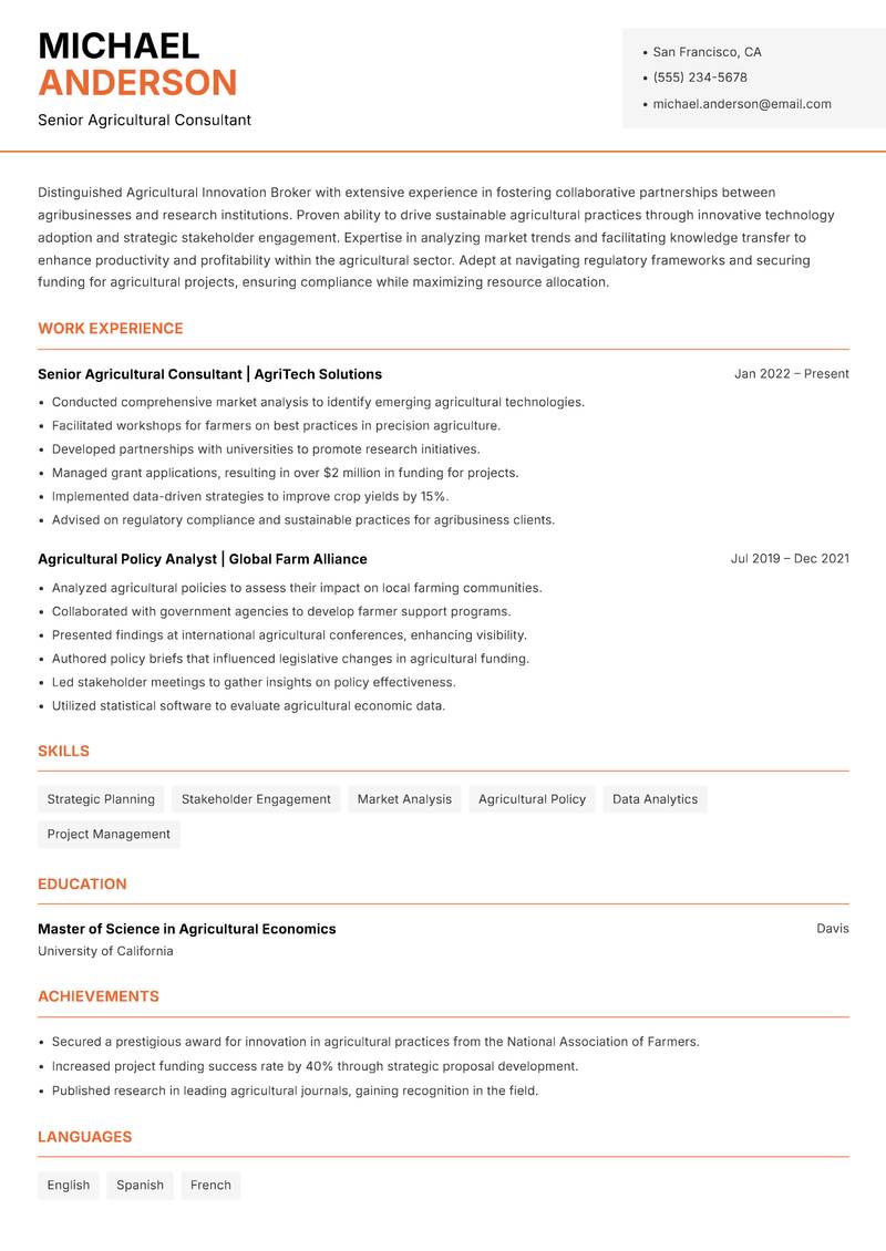 Agricultural Innovation Broker resume template — Modern Professional