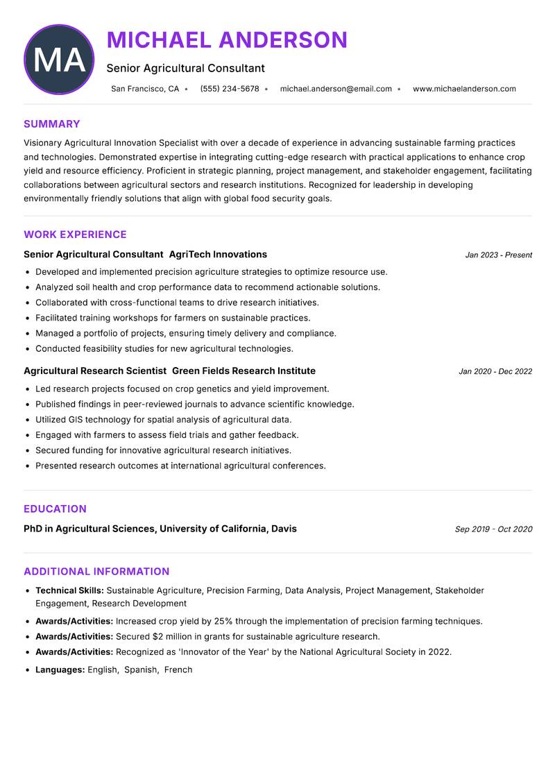 Agricultural Innovation Specialist resume example — ATS-friendly template