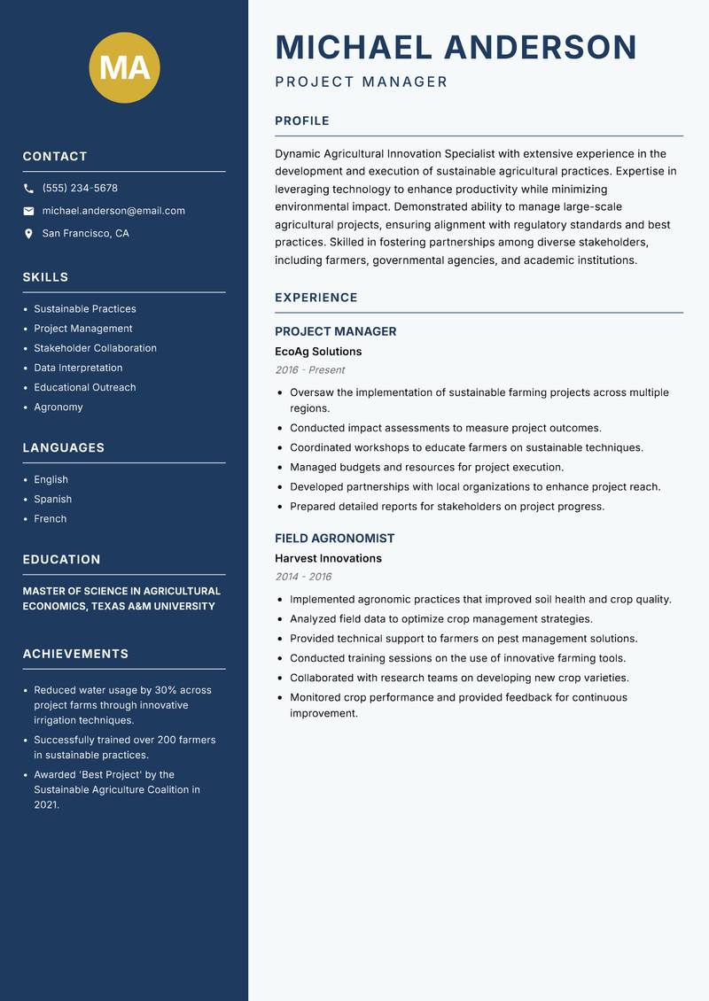 Agricultural Innovation Specialist resume template — Classic Clean