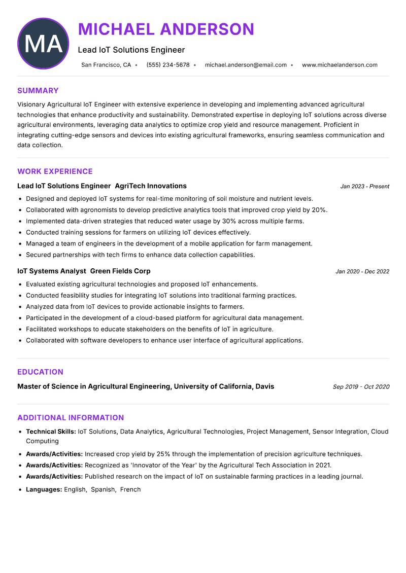 Agricultural IoT Engineer resume example — ATS-friendly template