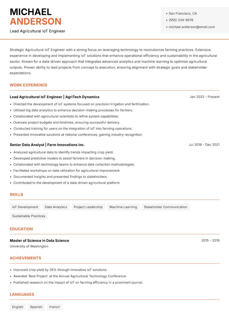 Agricultural IoT Engineer resume template — Modern Professional