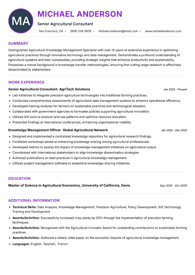 Agricultural Knowledge Management Specialist resume example — ATS-friendly template