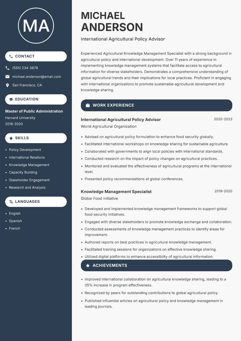 Agricultural Knowledge Management Specialist resume template — Compact