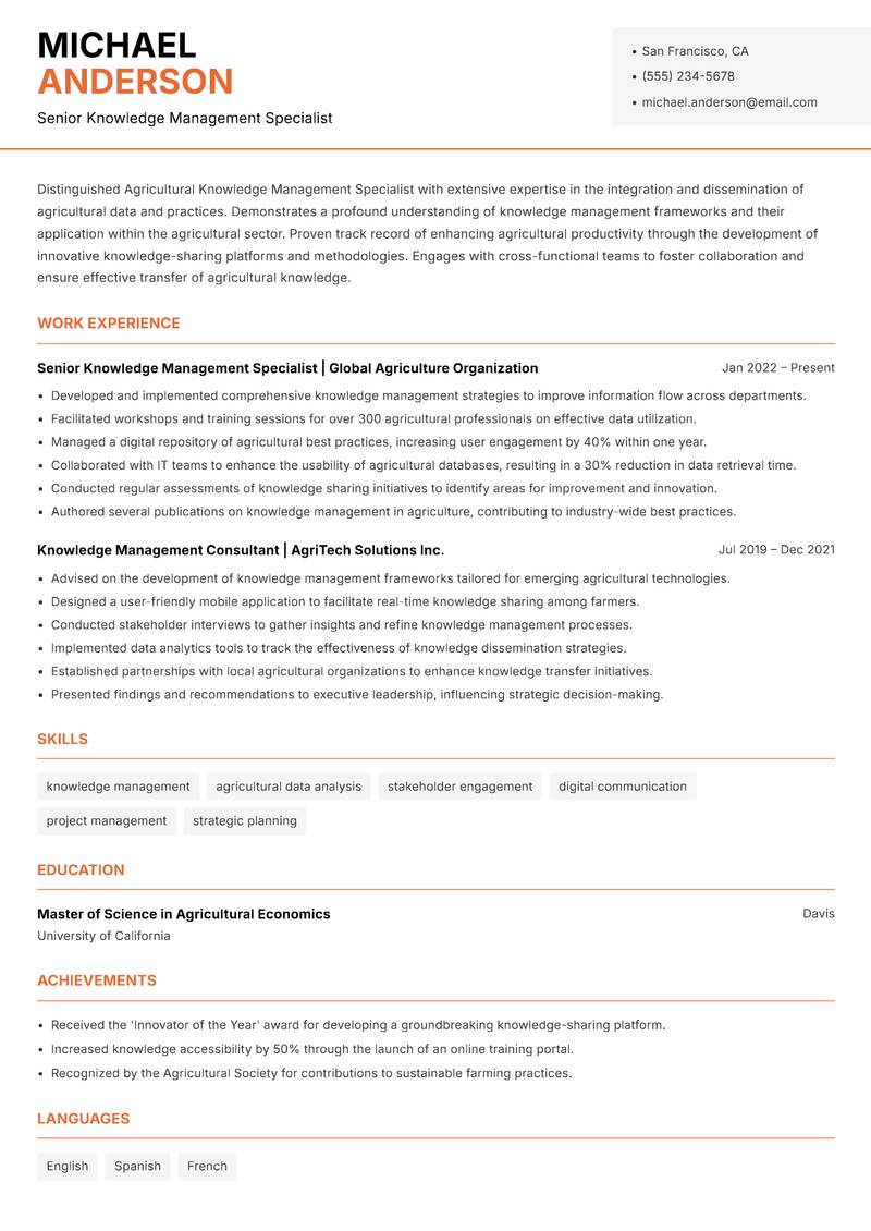 Agricultural Knowledge Management Specialist resume template — Modern Professional