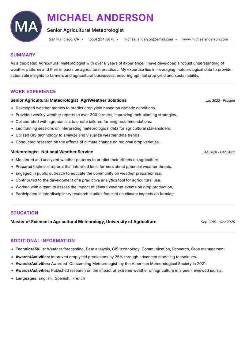 Agricultural Meteorologist resume example — ATS-friendly template