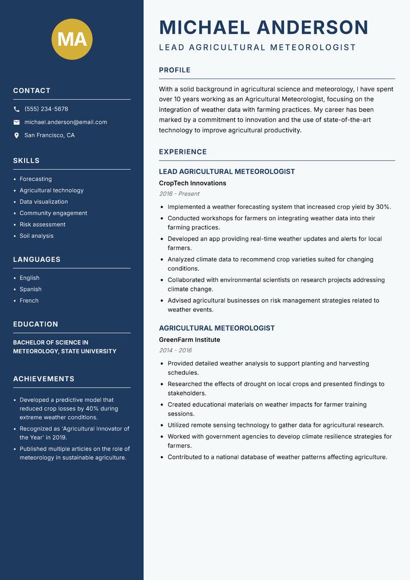 Agricultural Meteorologist resume template — Classic Clean