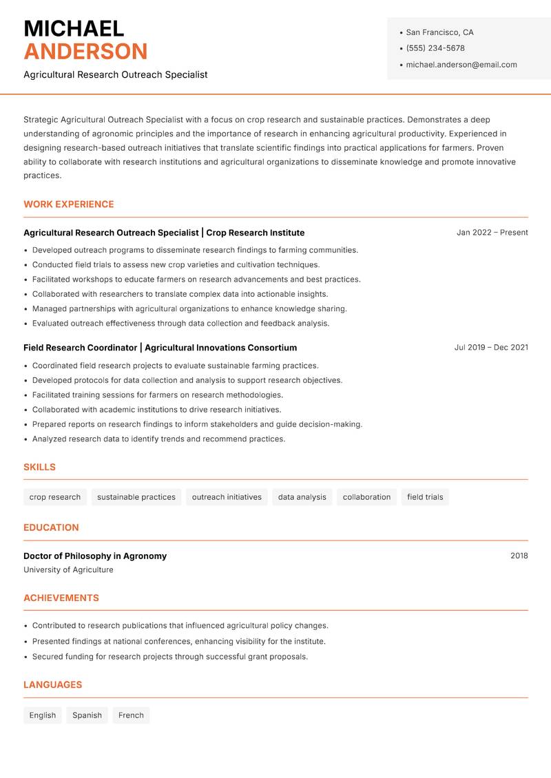 Agricultural Outreach Specialist resume template — Modern Professional