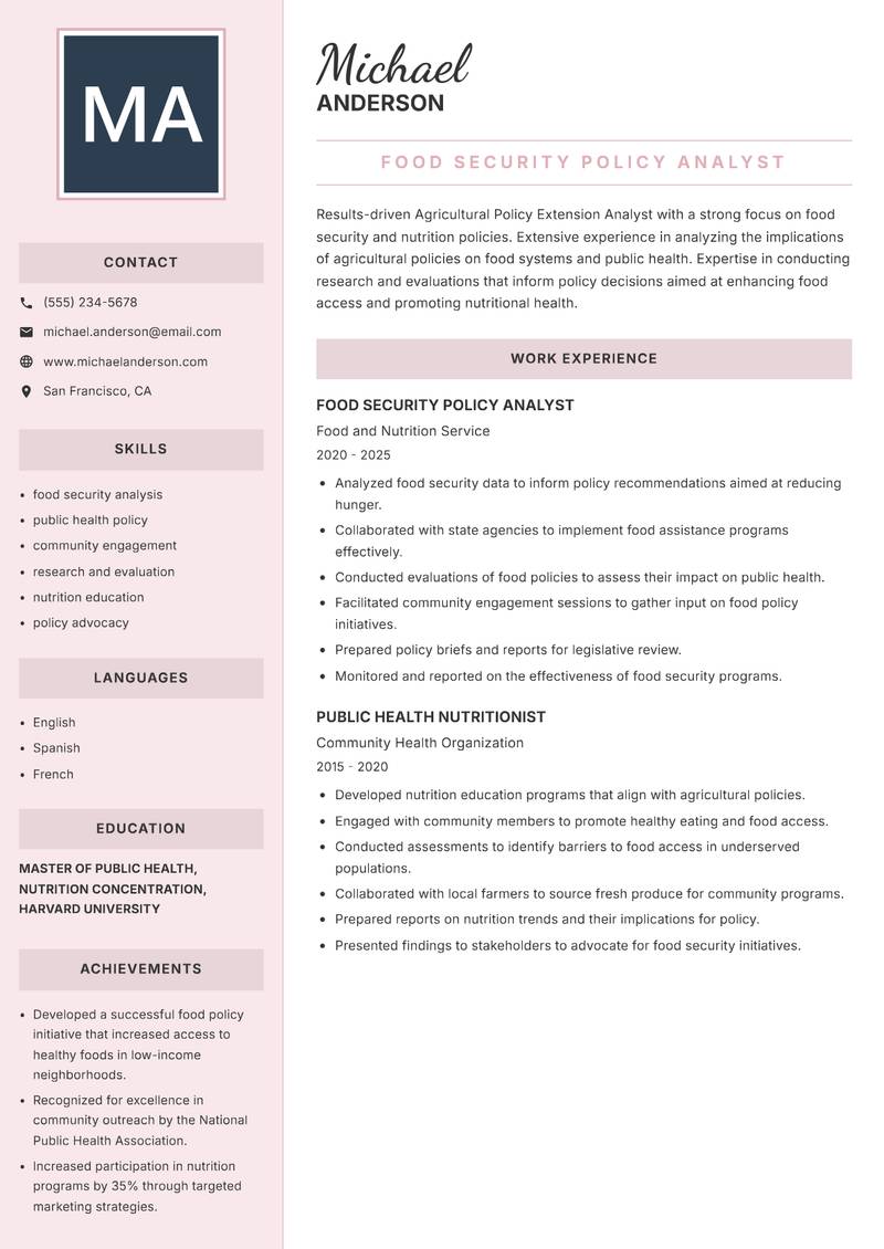 Agricultural Policy Extension Analyst resume template — Executive