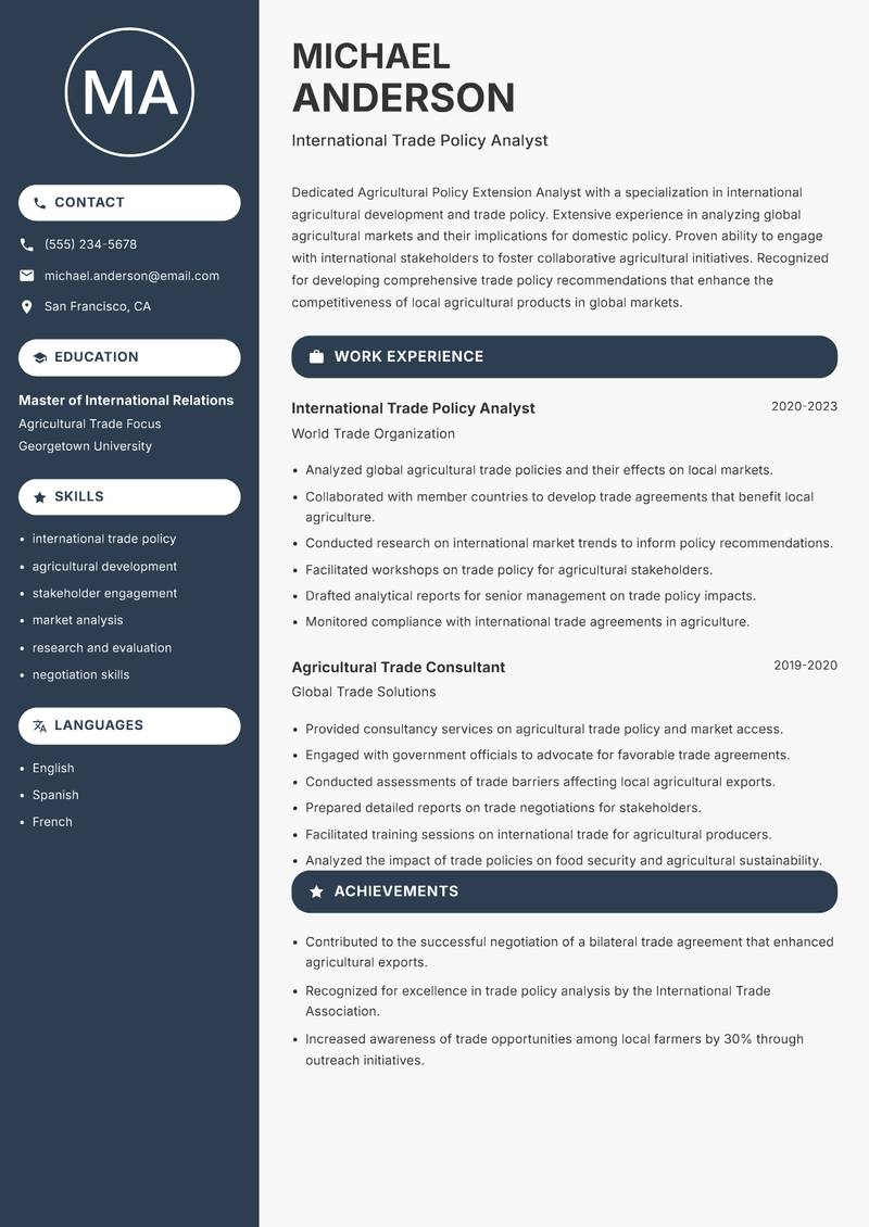 Agricultural Policy Extension Analyst resume template — Compact