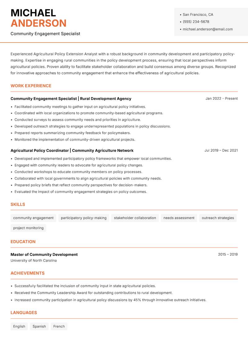 Agricultural Policy Extension Analyst resume template — Modern Professional
