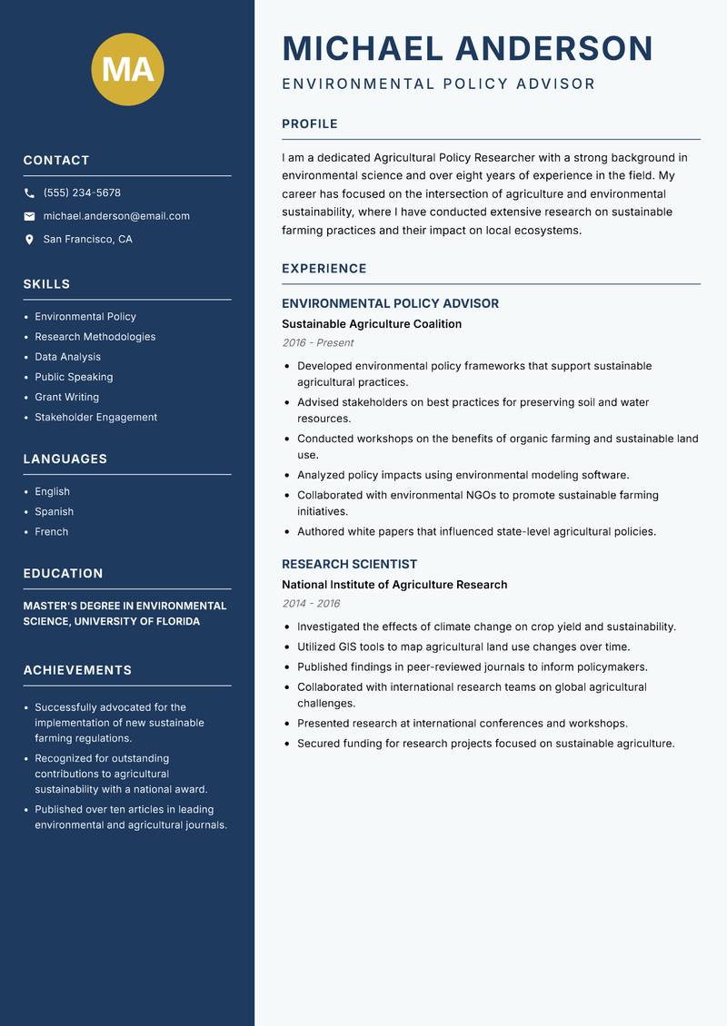 Agricultural Policy Researcher resume template — Classic Clean