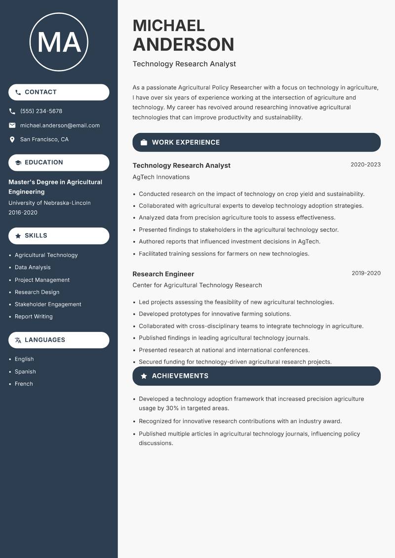 Agricultural Policy Researcher resume template — Compact