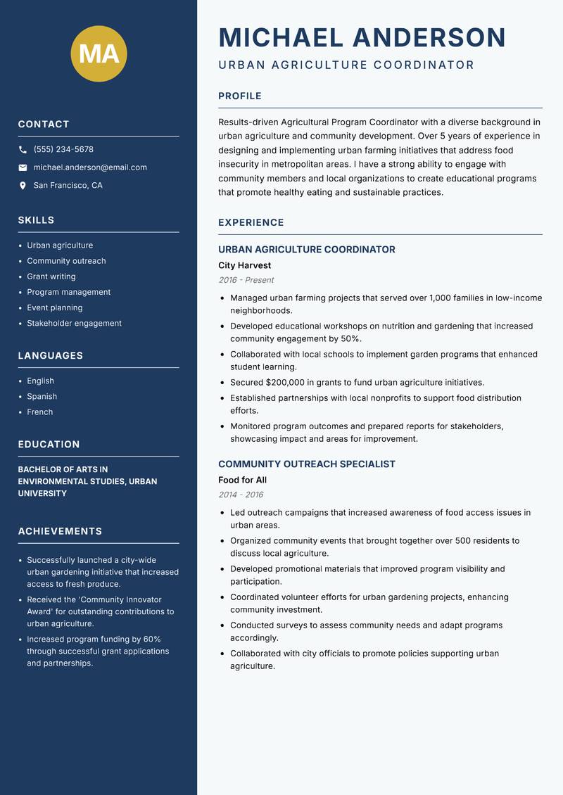 Agricultural Program Coordinator resume template — Classic Clean
