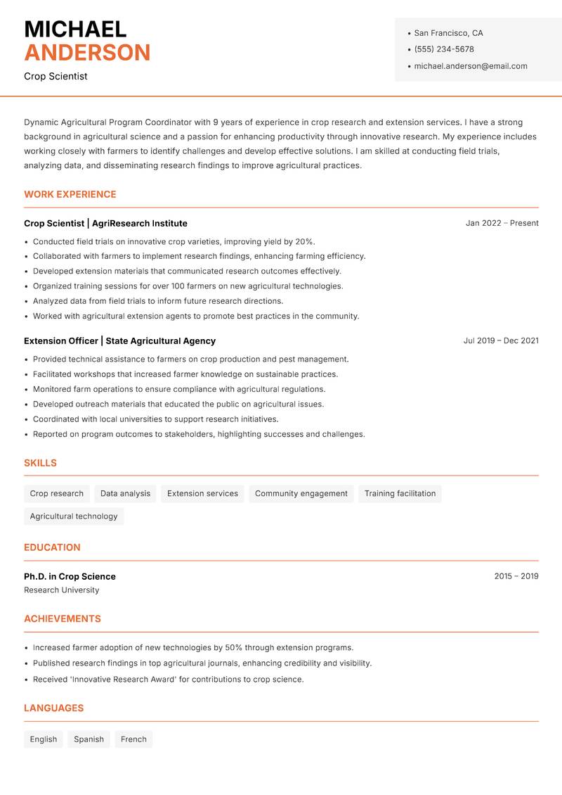 Agricultural Program Coordinator resume template — Modern Professional