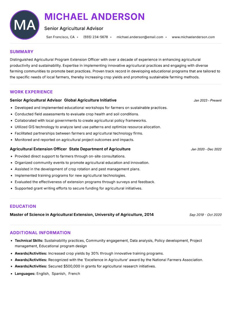 Agricultural Program Extension Officer resume example — ATS-friendly template