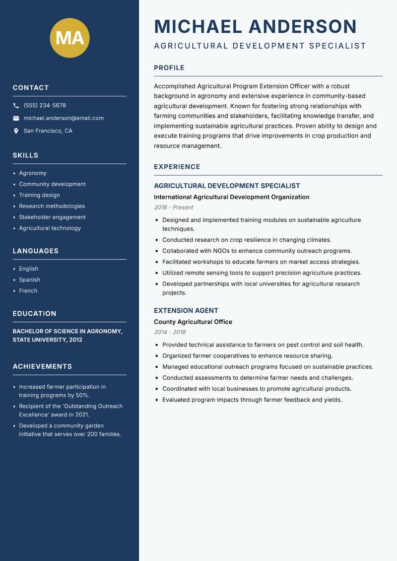 Agricultural Program Extension Officer resume template — Classic Clean