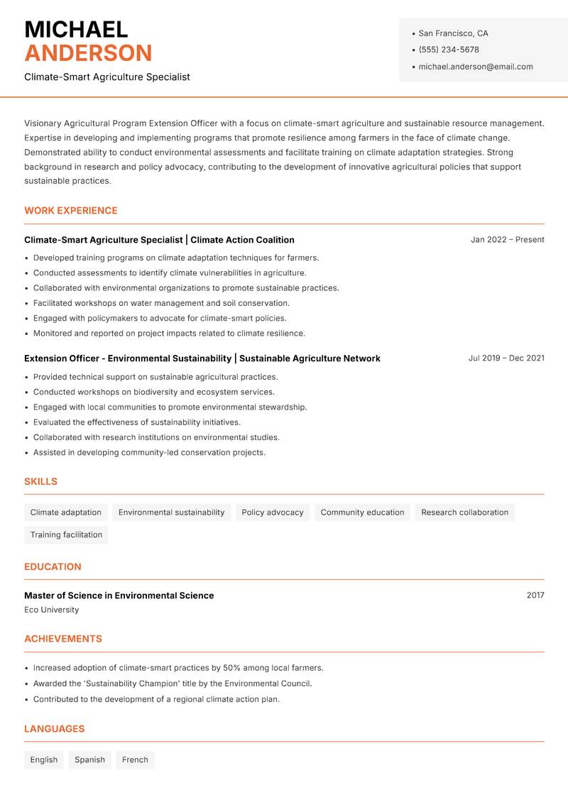 Agricultural Program Extension Officer resume template — Modern Professional