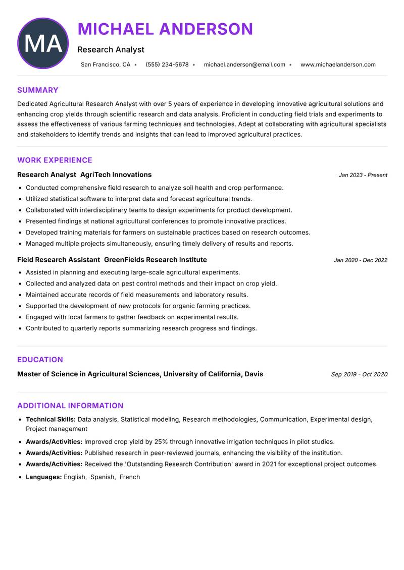 Agricultural Research Analyst resume example — ATS-friendly template