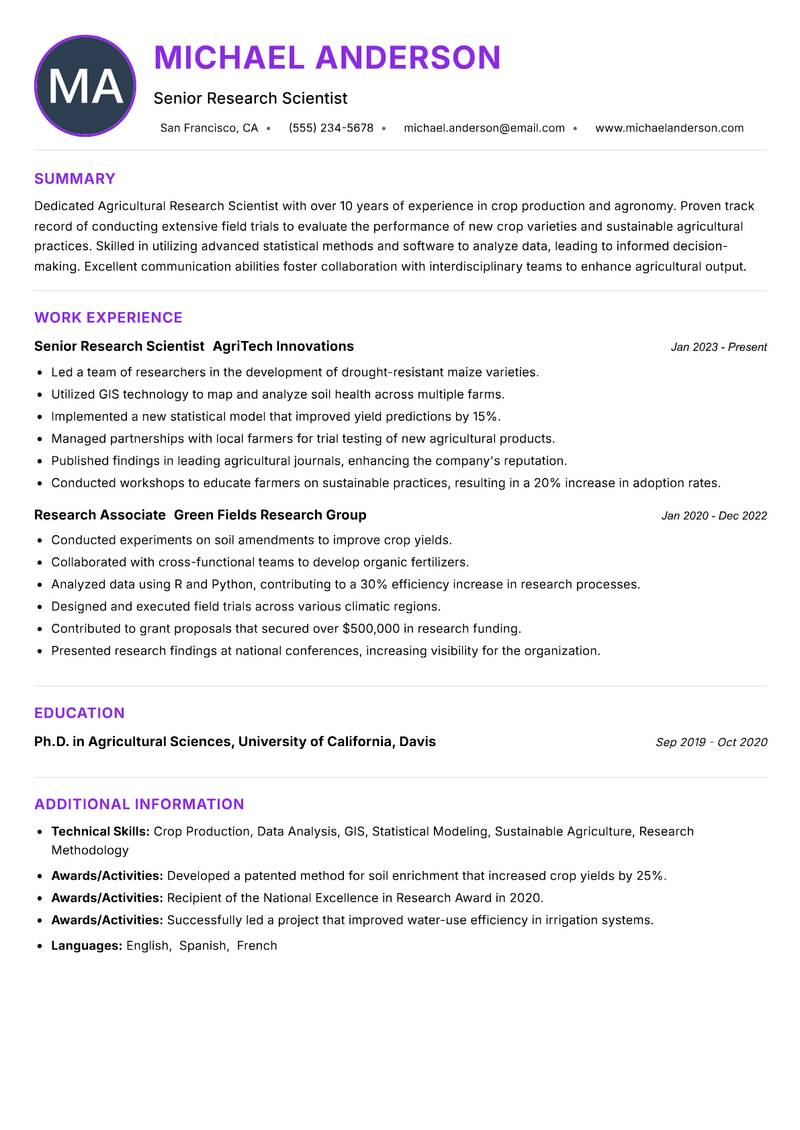 Agricultural Research Scientist resume example — ATS-friendly template